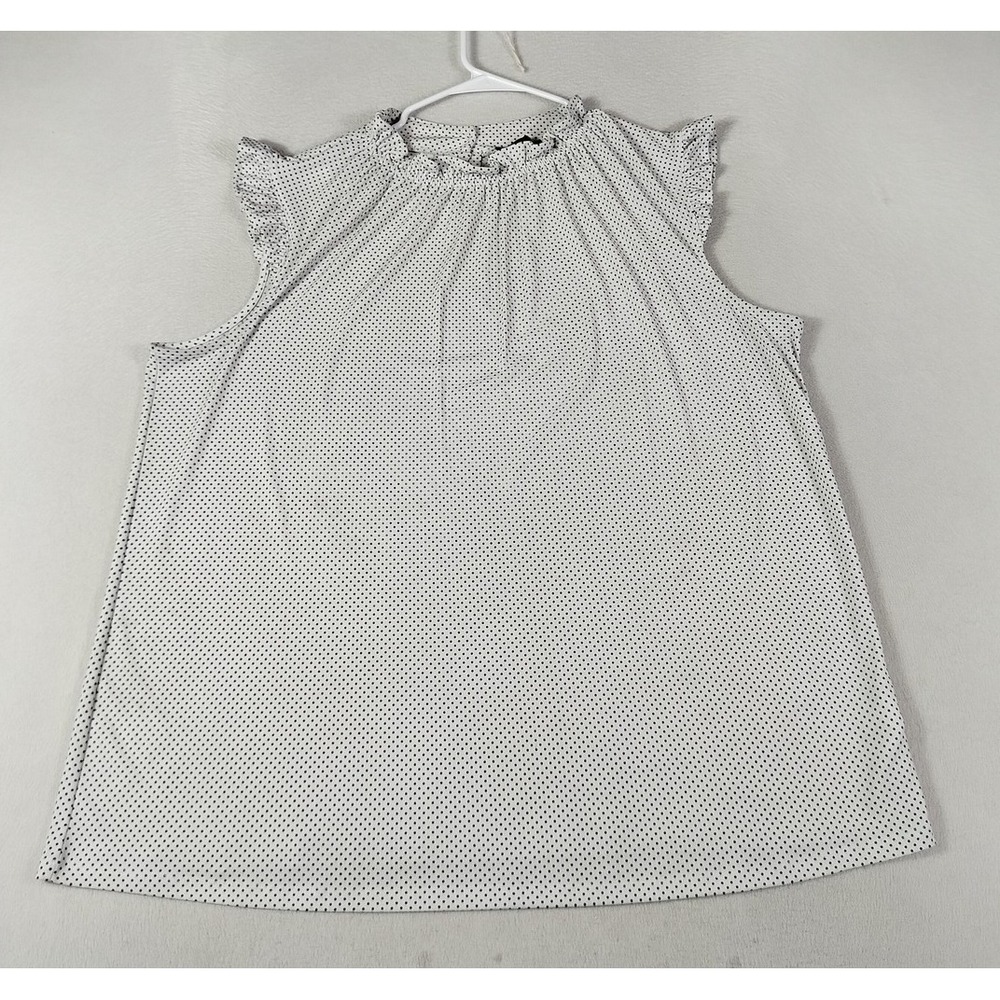 Adrianna Papell Blouse Womens 2X White Polka Dot Sleeveless Ruffle Neck Key Hole